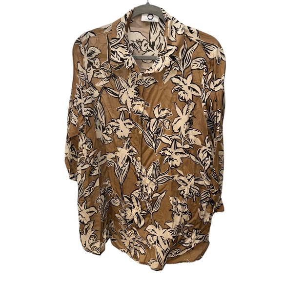 Marina Rinaldi Tops - Marina Rinaldi max mara Voyager tan black floral print button down shirt 16